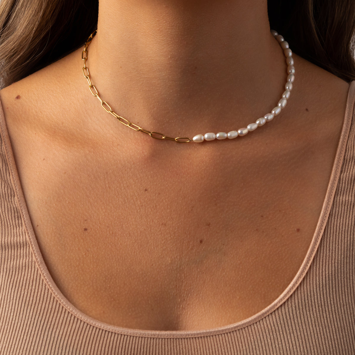 Half Pearl Chain Necklace